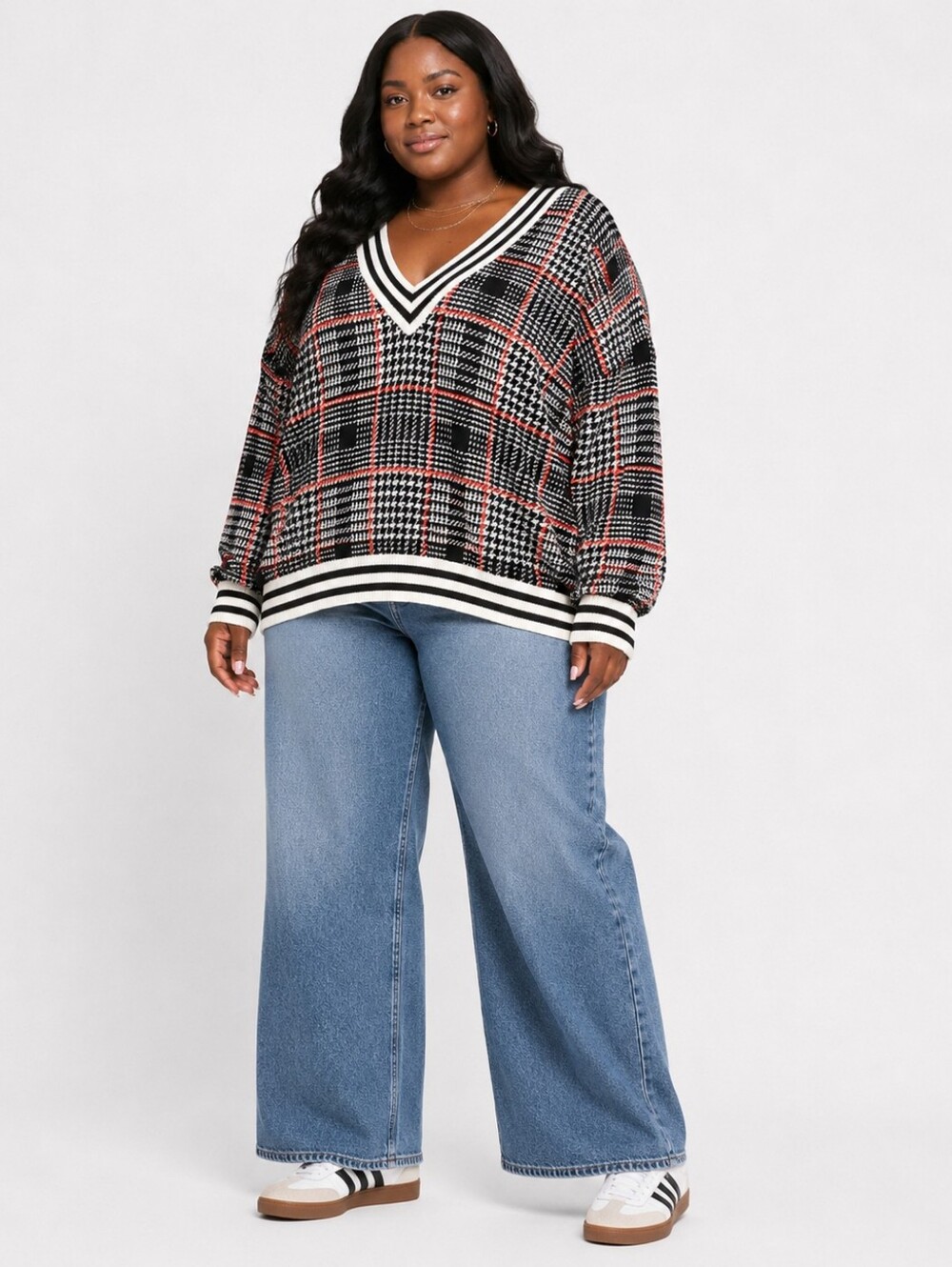 Plus Size ASOS Oversized V-Neck Sweater In Black And White W/ Orange Size 24